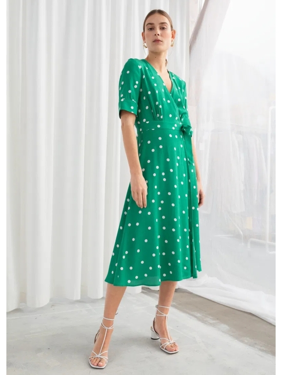& Other Stories Dresses & Skirts - &Other Stories Green Polka Dot Midi Wrap Dress.